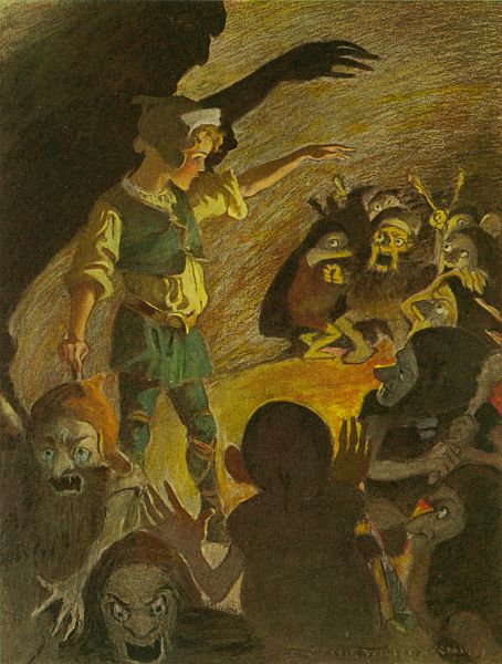 Curdie, lit by firelight, faces a crowd of grimacing goblins while huge shadows loom on the cave wall behind him.