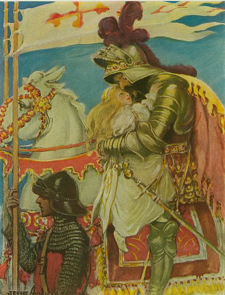 A king in shining armour, beside his white horse and a banner, holds the princess close while a soldier in mail stands by.