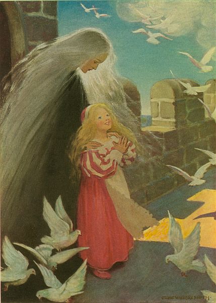 The princess on a sunlit tower top beside a tall lady with long silver hair, white pigeons rising all around them.